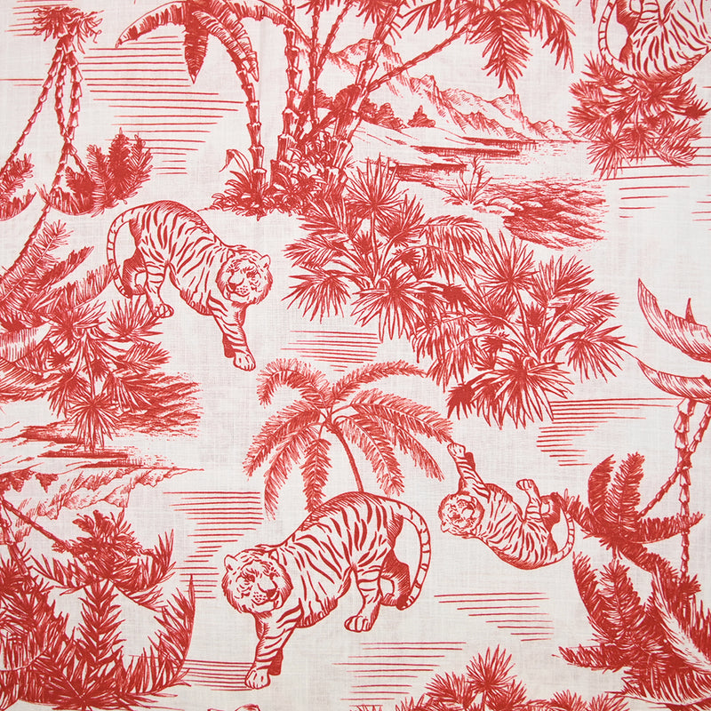 Coton tissé aspect lin imprimé balade tigrée rouge fond blanc