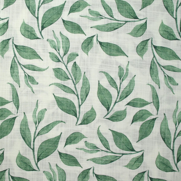 Coton tissé aspect lin imprimé feuilles volantes fond blanc