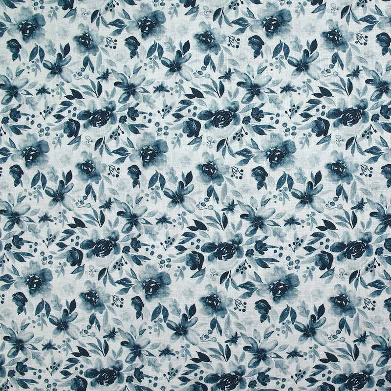 Coton tissé aspect lin imprimé fleurs en aquarelle bleu foncé