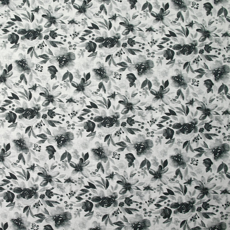 Coton tissé aspect lin imprimé fleurs en aquarelle gris fond blanc