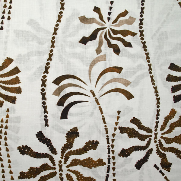 Coton tissé aspect lin imprimé palmiers ondulés fond blanc