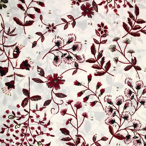 Crêpe polyester imprimé botanique fond blanc