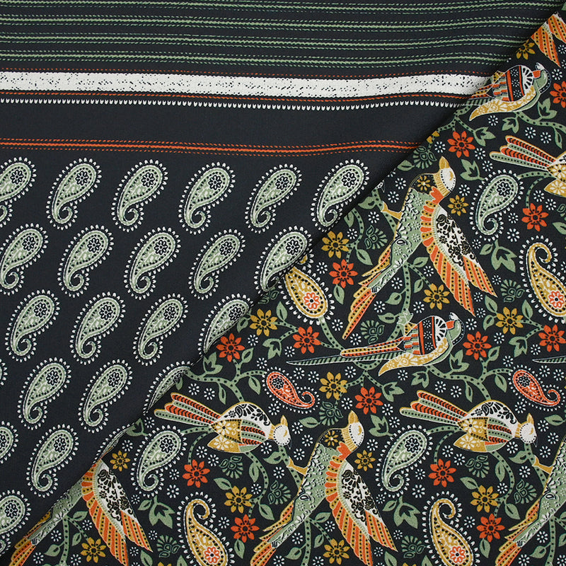 Crêpe satin polyester imprimé oiseau cachemire fond noir