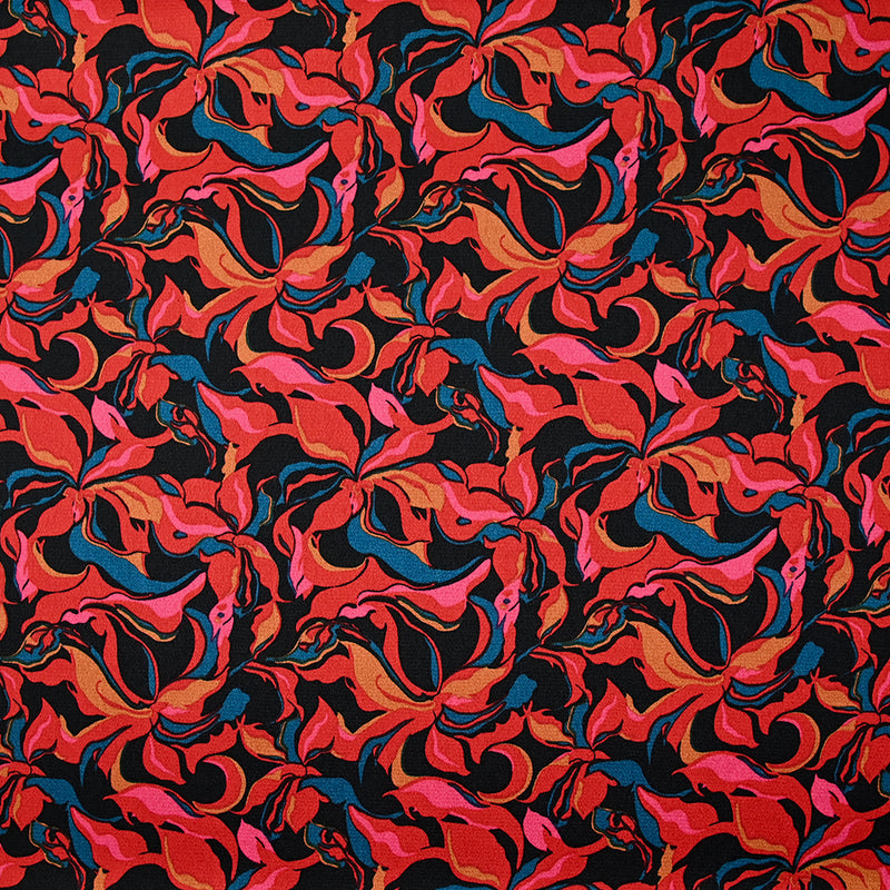 Crêpe satiné de polyester Amaryllis rouge et bleu canard fond noir