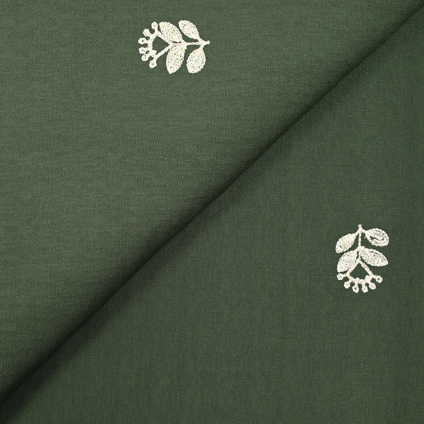 Crêpe viscose brodé fleurs irisé écru fond kaki