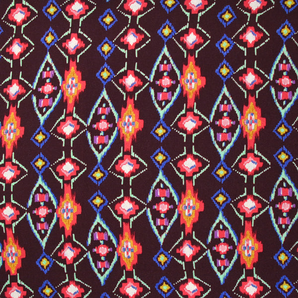 Crêpe viscose imprimé éclat mystique fuchsia et vert d'eau fond lie de vin