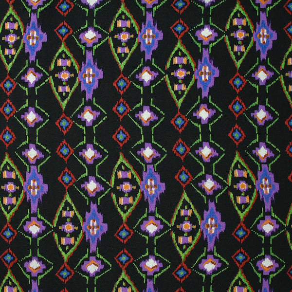 Crêpe viscose imprimé éclat mystique violet et vert fond noir