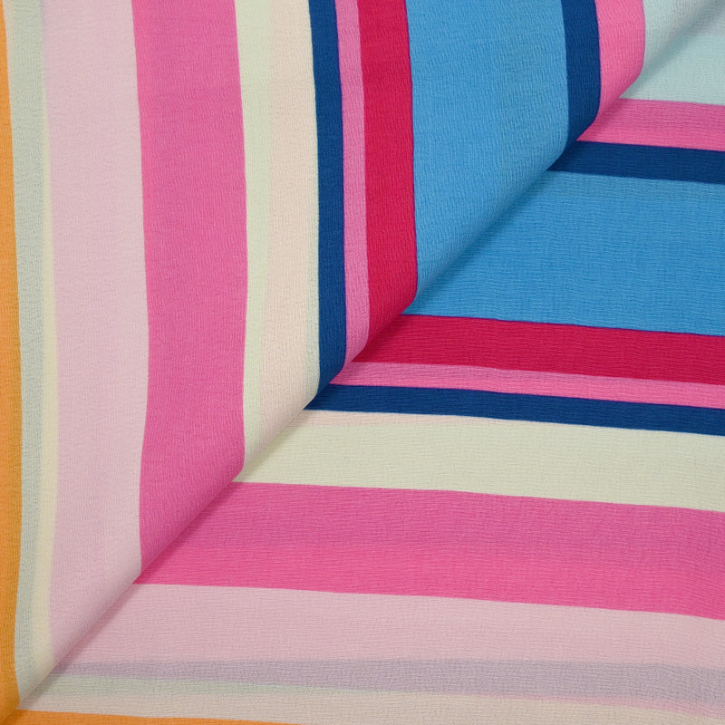 Crêpe viscose imprimé rayé rose, bleu, orange et écru