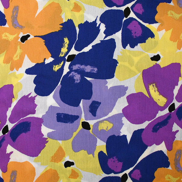 Crépon de viscose imprimé éclat de fleurs jaune et cobalt fond blanc