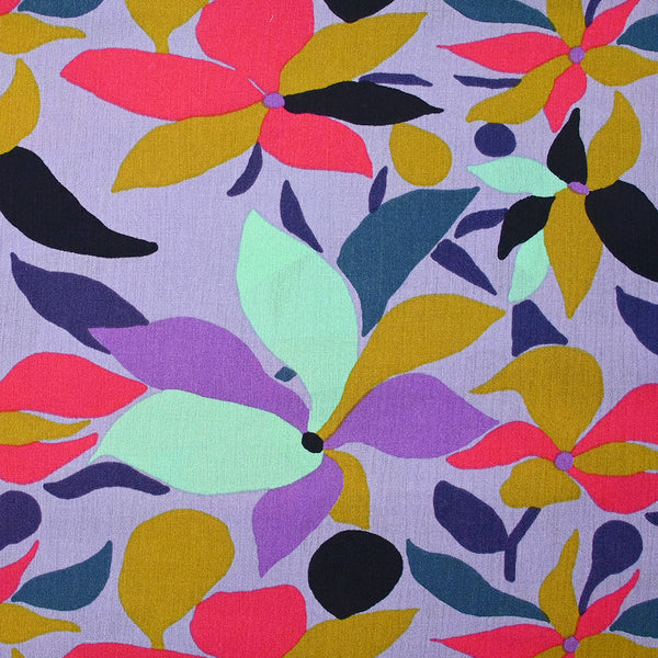 Crépon de viscose imprimé palette florale fond bleu lavande