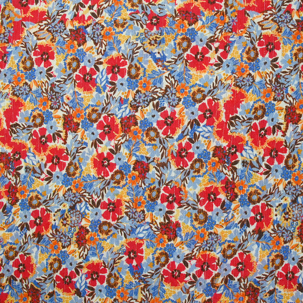 Crépon viscose lurex fleurs du dimanche rouge fond blanc