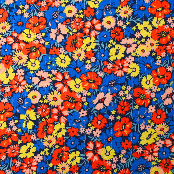 Crépon viscose rayé lurex argent Camellia bleu et rouge fond marine