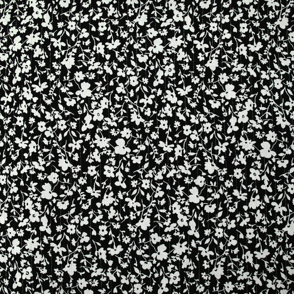 Crépon viscose rayé lurex argent fleurs fond noir