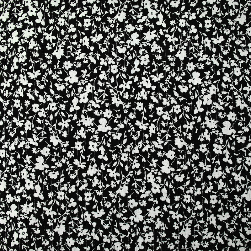 Crépon viscose rayé lurex argent fleurs fond noir