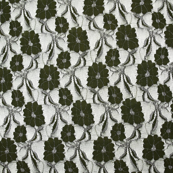 Dentelle polyester Martha métallisé argent fond kaki