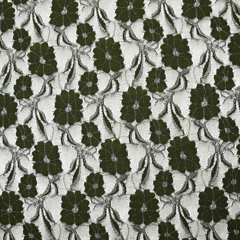 Dentelle polyester Martha métallisé argent fond kaki