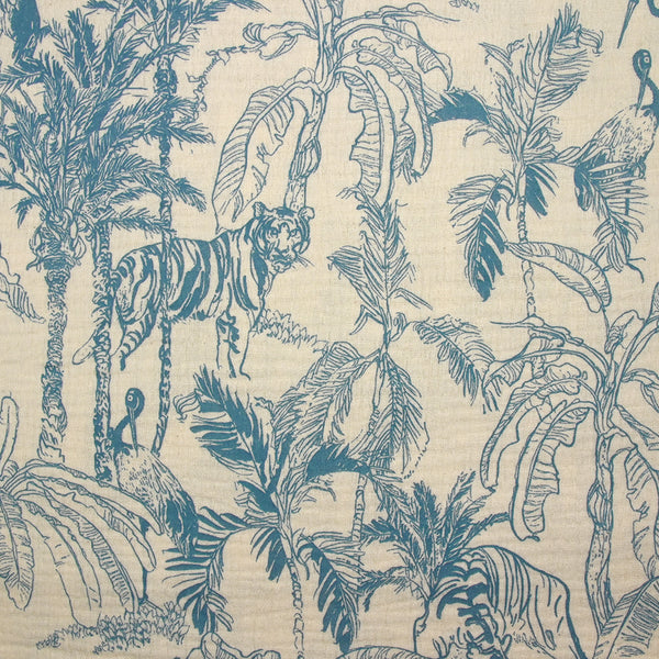 Double gaze imprimée toile de Jouy jungle bleu fond écru
