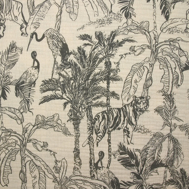 Double gaze imprimée toile de Jouy jungle gris fond écru