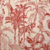 Double gaze imprimée toile de Jouy jungle rouge fond écru