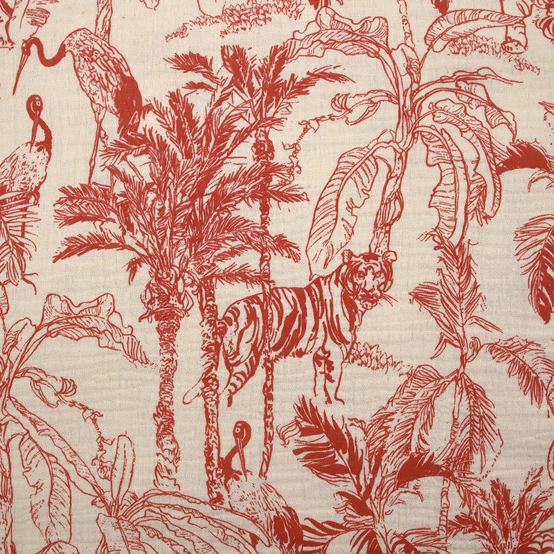 Double gaze imprimée toile de Jouy jungle rouge fond écru