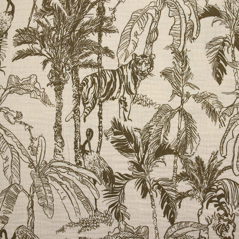 Double gaze imprimée toile de Jouy jungle taupe fond écru