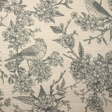 Double gaze imprimée toile de Jouy oiseaux gris fond écru