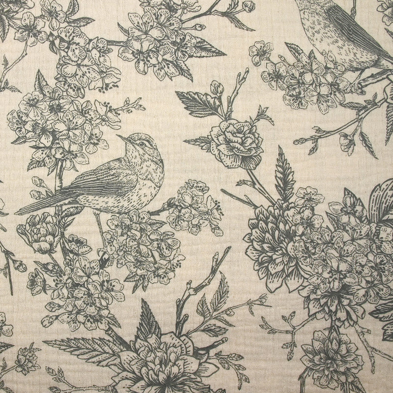 Double gaze imprimée toile de Jouy oiseaux gris fond écru