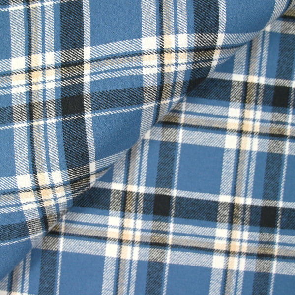 Flanelle de coton à carreaux Léon bleu acier et beige