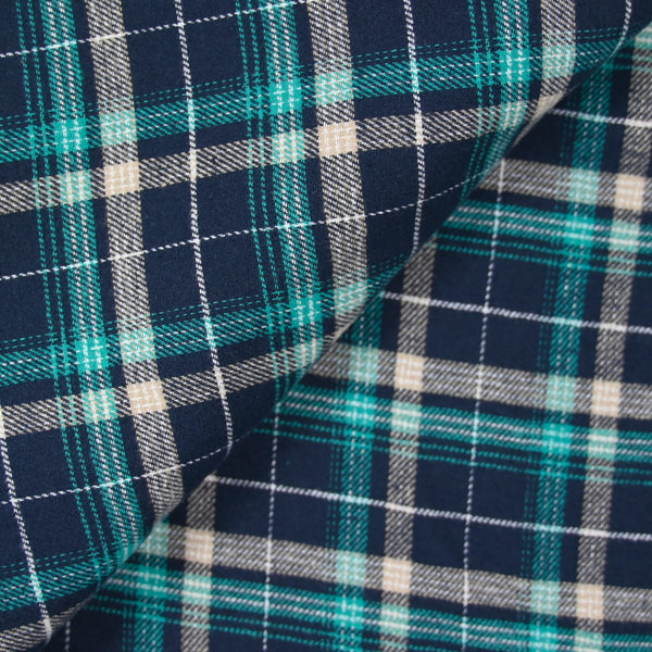 Flanelle de coton à carreaux Sam turquoise et bleu marine