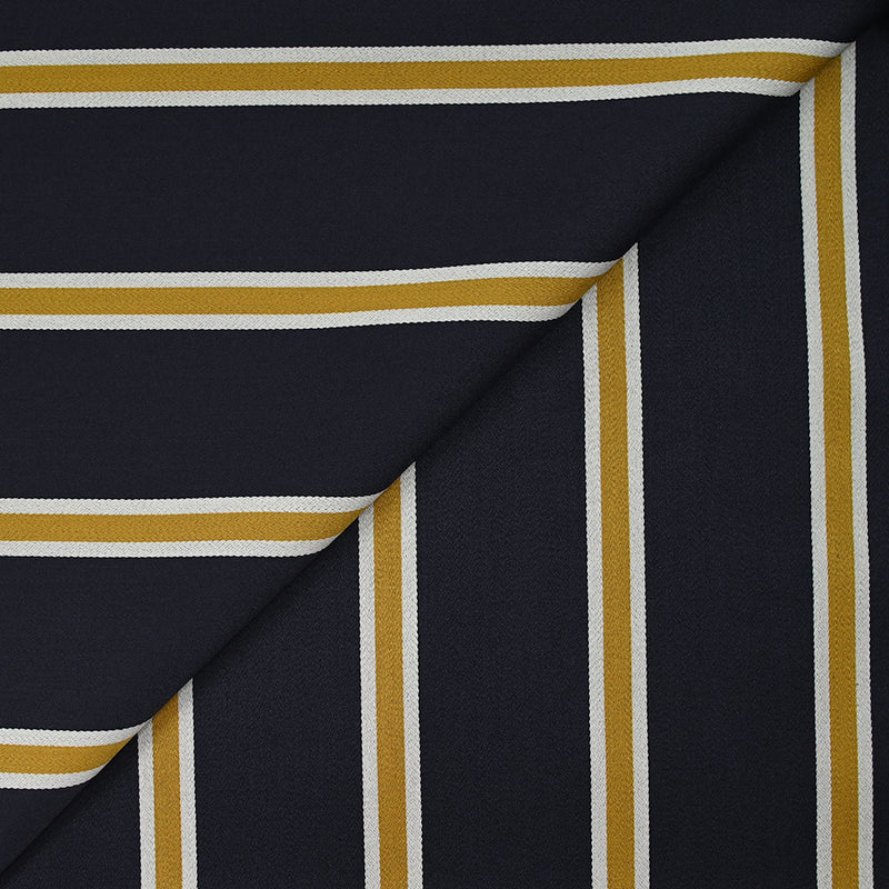 Gabardine de laine mélangée rayée écru et moutarde fond marine