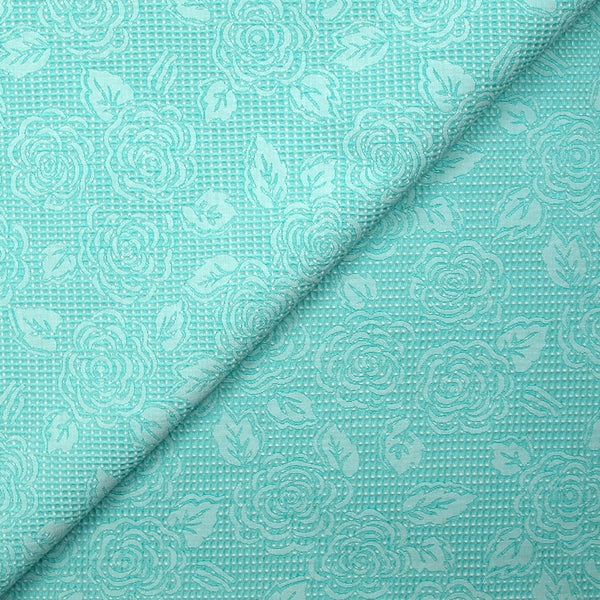 Jacquard nid d'abeille satiné fleurs turquoise et blanc