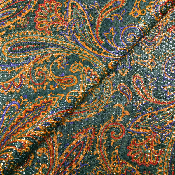Jacquard polyester lamé cachemire orange et violet fond canard