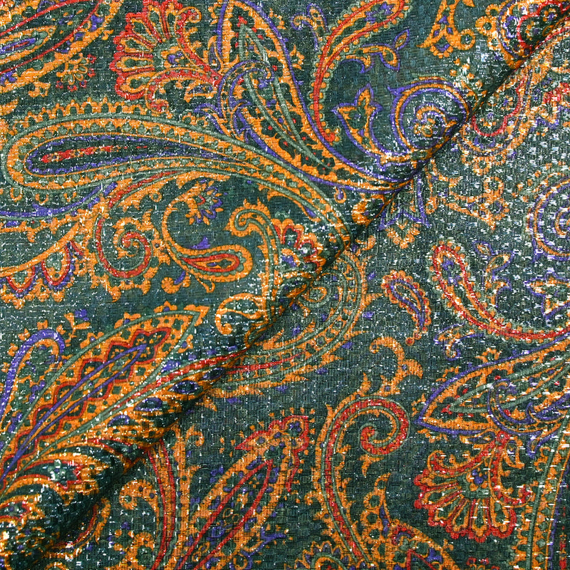 Jacquard polyester lamé cachemire orange et violet fond canard