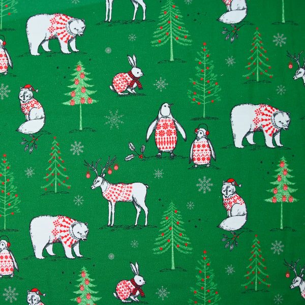 Jersey French terry animaux pull de Noel vert au mètre