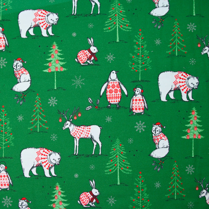 Jersey French terry animaux pull de Noel vert au mètre