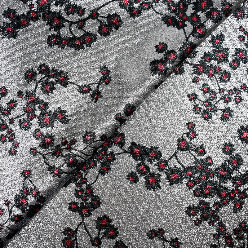 Jersey lamé argent imprimé fleur de sakura rouge et noir