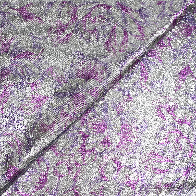 Jersey lamé argent imprimé hortensia violet