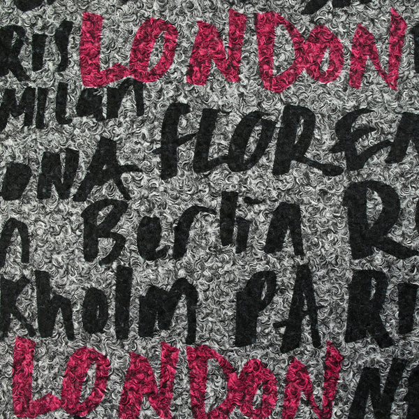 Lainage bouclette imprimé London graffiti fond gris chiné