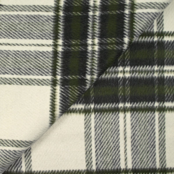 Lainage polyester brossé à carreaux vert foncé et anthracite fond écru