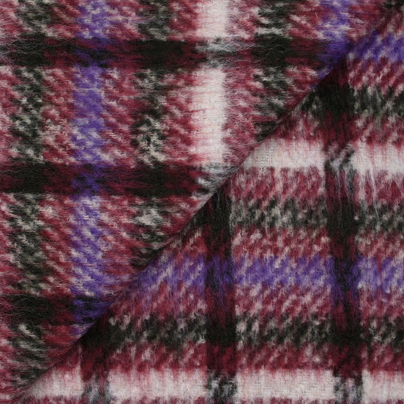 Laine mélangée brossée à poils longs carreaux prune, violet et vert foncé