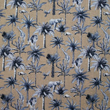 Lin et coton imprimé jungle et palmiers bleu fond grège