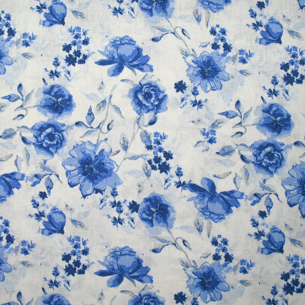 Lin viscose imprimé aquarelle fleurie bleue fond blanc cassé
