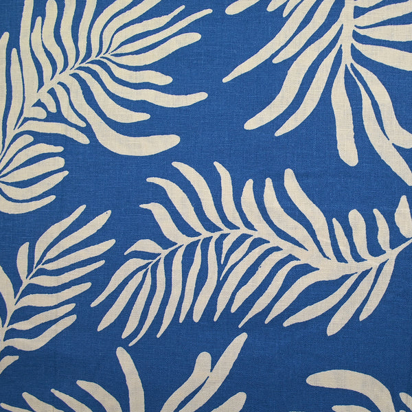 Lin viscose imprimé feuille envolée écrue fond bleu