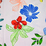 Lin viscose imprimé rayé parme et fleurs fond écru
