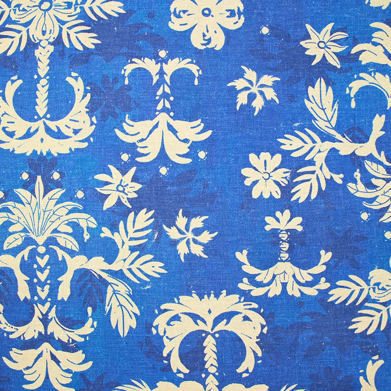 Lin viscose imprimée palmier baroque beige fond bleu