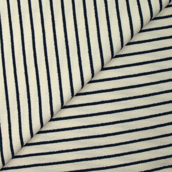 Maille 100% coton envers bouclette rayures bleu nuit fond écru