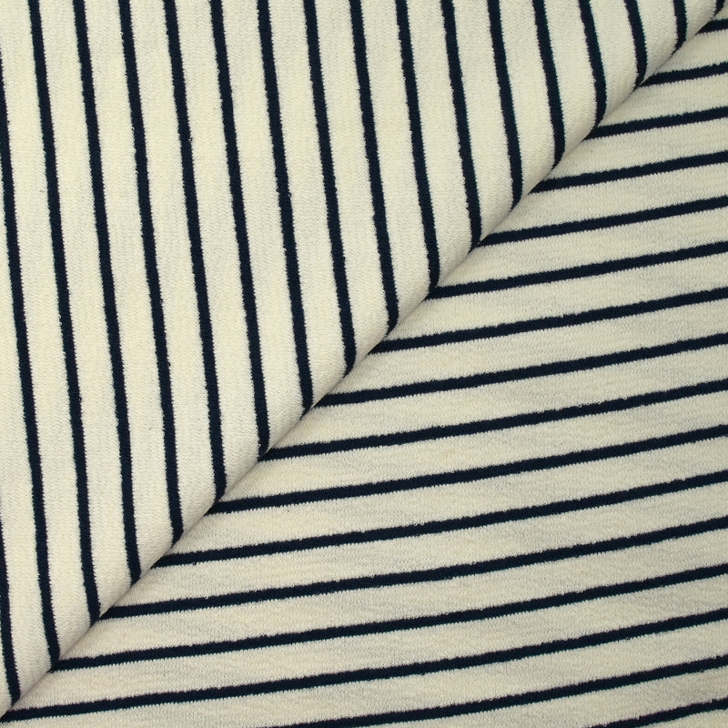 Maille 100% coton envers bouclette rayures bleu nuit fond écru