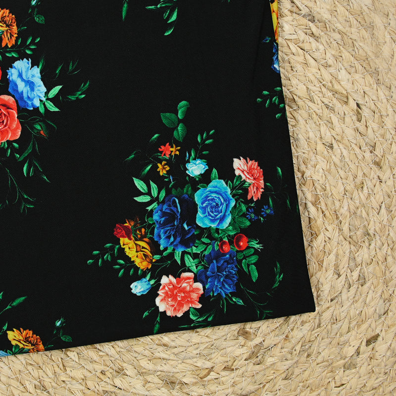 Satin viscose knit bouquet of flowers black background – Les Coupons de ...