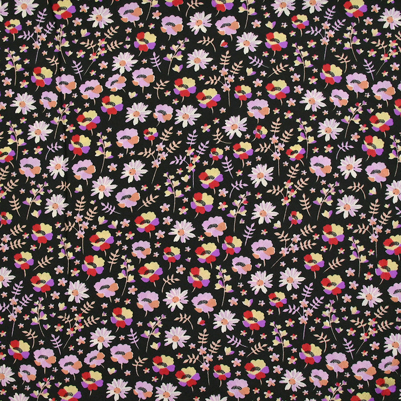 Microfibre imprimée envole-toi violet et rouge fond noir