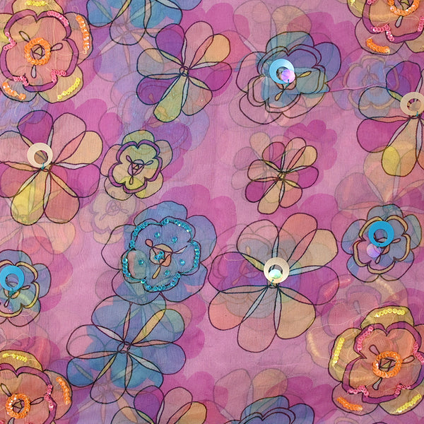 Mousseline crinkle 100% soie sequin imprimée fleurs et ombres fond rose